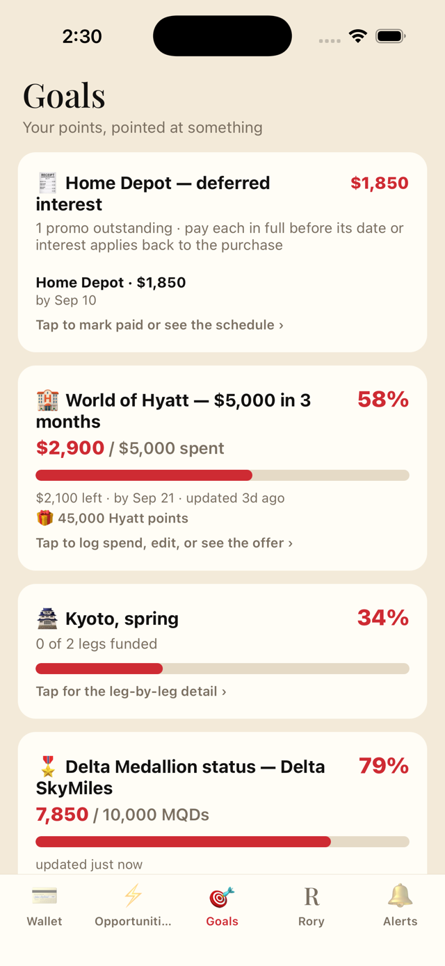 Rory Goals screen — a Home Depot deferred-interest payoff, a World of Hyatt welcome-offer spend goal, and a Delta status tracker