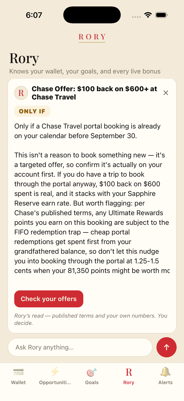 Rory chat — an Only If verdict on a Chase Travel offer, grounded in the user's own points and flagging Chase's FIFO redemption trap