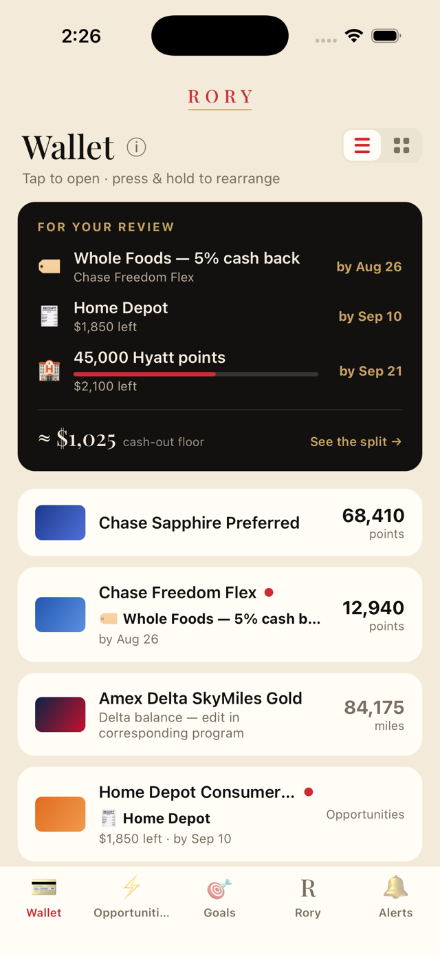 Rory Wallet screen — the For Your Review attention stack with a cash-out floor